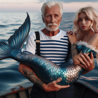 An old sailor wearing a white and blue striped shirt, with a tattoo on his arm, against the background of the sea, holding a blonde young beautiful mermaid in his hands