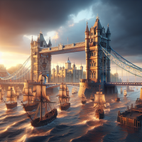 Create for me a picture of Tower Bridge, the Castle behind it, and ships sailing on the Thames