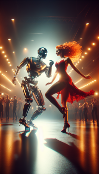 A robot dancing Latin dances with a red-haired beauty