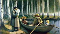 The birch forest in which two lovers are kissing, and in the big river there is a boat in which there is an old fisherman with a little blond girl with a straw hat on her head. Manet style painting.
