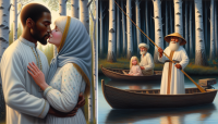 The birch forest in which two lovers are kissing, and in the big river there is a boat in which there is an old fisherman with a little blond girl with a straw hat on her head.