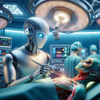 A robot surgeon performs surgery on an alien being.