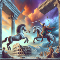 Two centaurs in a battle between them against the background of Roman architecture
