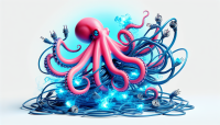 Pink octopus appearance in electric cables and blue gases coming out around it.