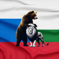 Unfurled Flag white, blue, red, changing to white, green, red.  Beneath it, a huge bear embracing a sinister erect lion.