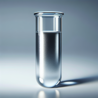 photo of chemistry test tube with silver metallic liquid inside, plain background