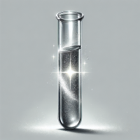 photo of chemistry test tube with silver metallic liquid inside, plain background