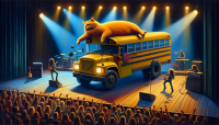 Garfield driving a school bus in a rock concert, Painting by Leonardo Da Vinci