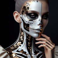 An elegantly carved woman with a skeleton on her face, in the style of cyberpunk futurism, realistic hyper - detailed portraits, dark white and light gold, bugcore, darkly detailed, intricate illustrations, vray —ar 2:3 —q 2 —v 5.1