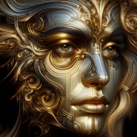 Portrait of a woman with gold paint, in the style of cryengine, intricate illustrations, jessica drossin, machine aesthetics, natalia rak, guillem h. pongiluppi