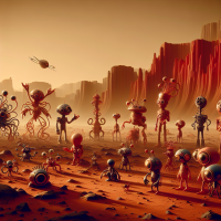 Mars planet scene during day time with several characters from a weird movie by Goro Fujita