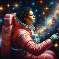 A beautiful pink cosmonaut woman floating in space with stars Goro Fujita