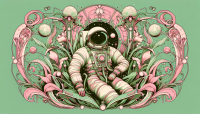 A pink and soft green cosmonaut in the style of Alphonse Mucha