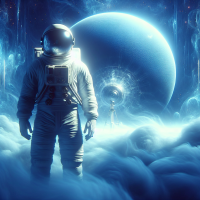 Photo very realistic 8k set in blue atmosphere, you can see a white cosmonaut at front of a myst