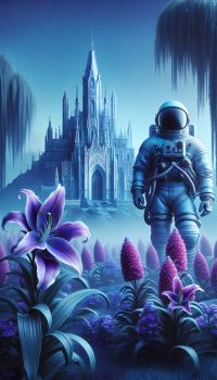 Photo very realistic 8k set in blue atmosphere, you can see a white cosmonaut at front of a mysterious castle full of purple lila flowers absolutely everywhere, it is very flashy and very poetic