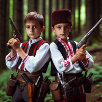 Two Bulgarian young boys in folk costumes, put guns in their belts, raised swords in the other hands. Back forest for background.